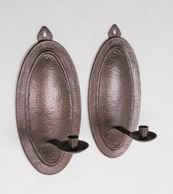 Gustav Stickley Pair Hammered Copper Candle Sconces c1910
