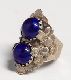 Arts & Crafts Period Sterling Silver & Double Glass Cabochon Hand-Forged Ring c1910s