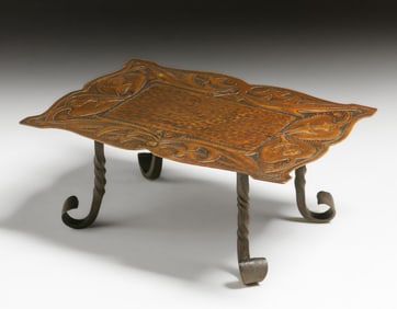 English Hammered Copper & Iron Footed Tray c1900s