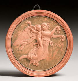 Danish Ipsen Kjobenhavn Eneret Terracotta Plaque Angel & Cherub c1890s