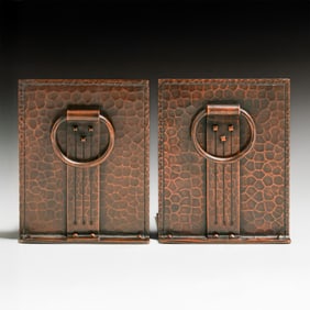 Roycroft Hammered Copper Loop-Handle Bookends c1915