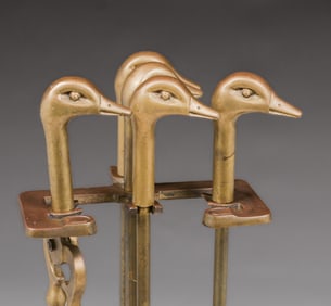 Vintage Mallard Duck Head Brass Fireplace Tool Set c1920s
