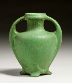 Owens Pottery #1161 Matte Green Two-Handled Vase c1910