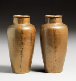 Matched Pair Harry St John Dixon Hammered Brass Vases 1920