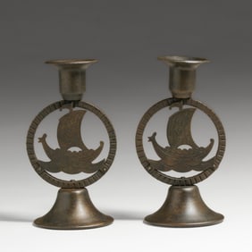 Goberg - German Viking Ship Cutout Iron Candlesticks c1905
