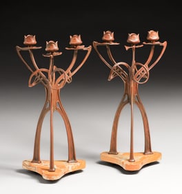 German Art Nouveau Bronze & Marble Candlesticks c1900s