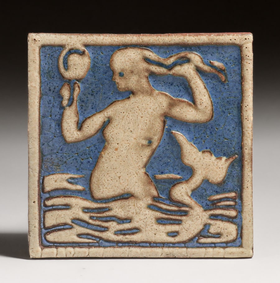 Grueby Faience Mermaid Tile c1905: Grueby Faience Mermaid Tile c1905. Unsigned. Perfect condition. 6" x 6". FREE NATIONWIDE SHIPPING Free Nationwide Shipping within the lower 48 states for All purchases at our Two Day Auction. Smalle