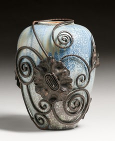 Roger Guerin - Belgium Stoneware & Francois Carion Ironwork Vase c1920s