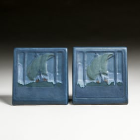 Marblehead Pottery Matte Blue Sailing Ship Bookends c1910