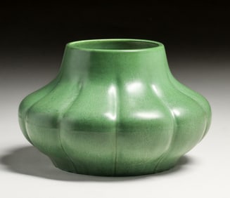 Large Hampshire Pottery Matte Green Ribbed Bulbous Vase c1910