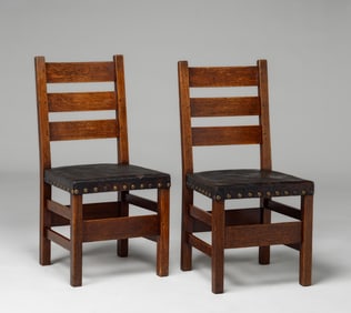 Pair Gustav Stickley #349 1/2 Heavy Ladderback Side Chairs c1905