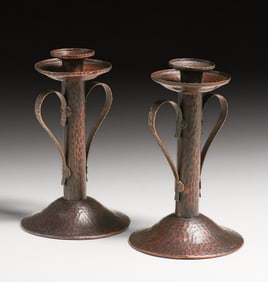 Benedict Studios Pair Hammered Copper Two-Handled Candlesticks c1910