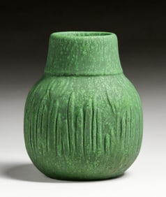 Owens Pottery #0238 Hand-Carved Matte Green Glaze c1905