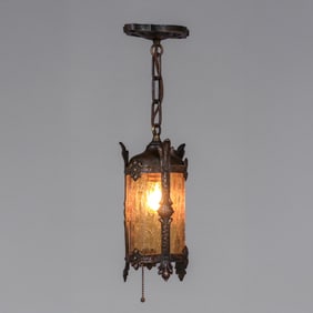 Arts & Crafts Period Brass & Amber Glass Hanging Light c1910