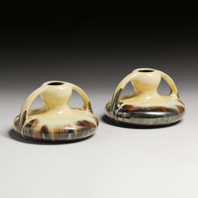 Pair Fulper Pottery Mirror Black & Ivory Flambe Candlesticks c1917-1920