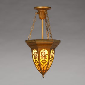 Arts & Crafts Period Cutout Brass & Slag Glass Hanging Light c1920s