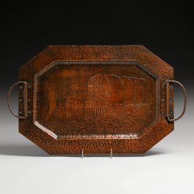 Arts & Crafts Period Hammered Copper Acid-Etched Cowboy & Wagon Two-Handled Tray c1910