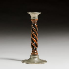 Liberty & Co Hand Hammered Pewter & Oak Sausage Twist Candlestick c1900s