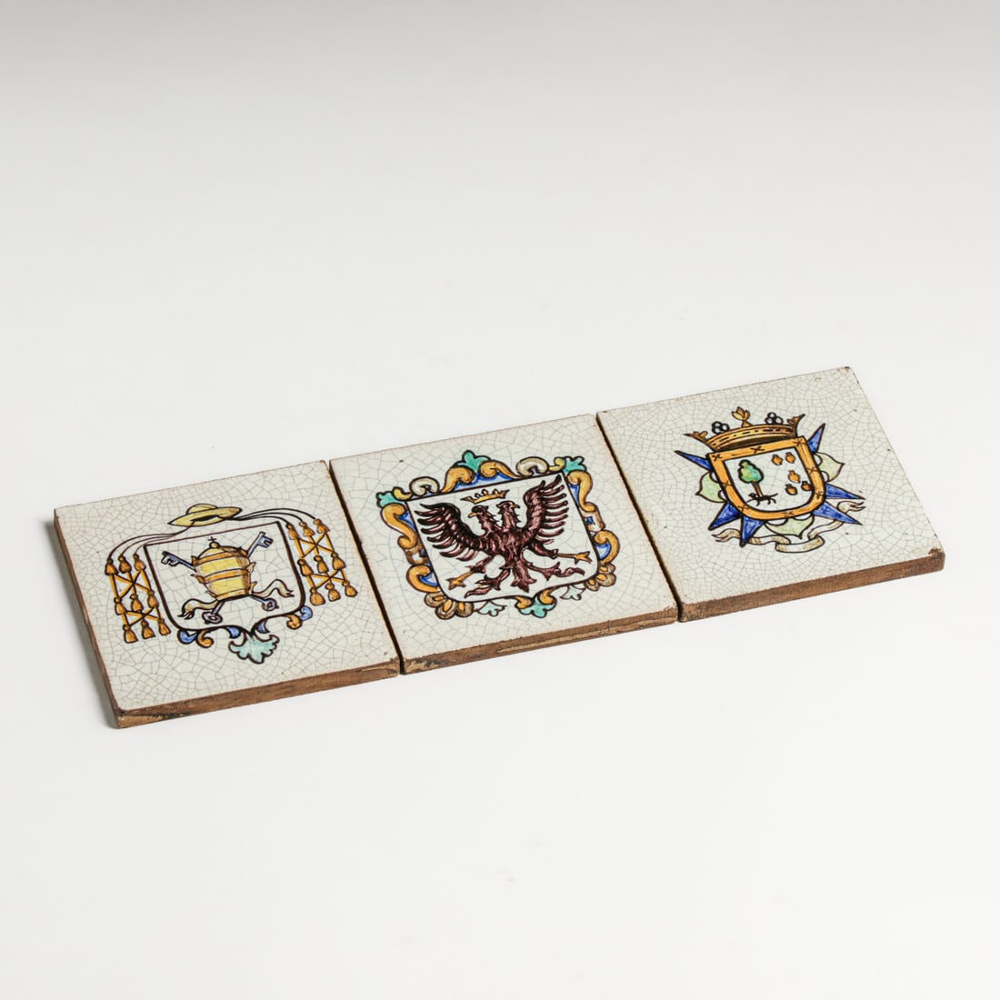 Art Nouveau Majolica Three Tiles c1900s: Art Nouveau Majolica Three Tiles c1900s. Unsigned. A few very minor edge flecks, otherwise perfect condition. Each tile 5 1/8" x 5 1/8" Buyer's Premium 27% A Buyer's Premium of 27% to be added to the