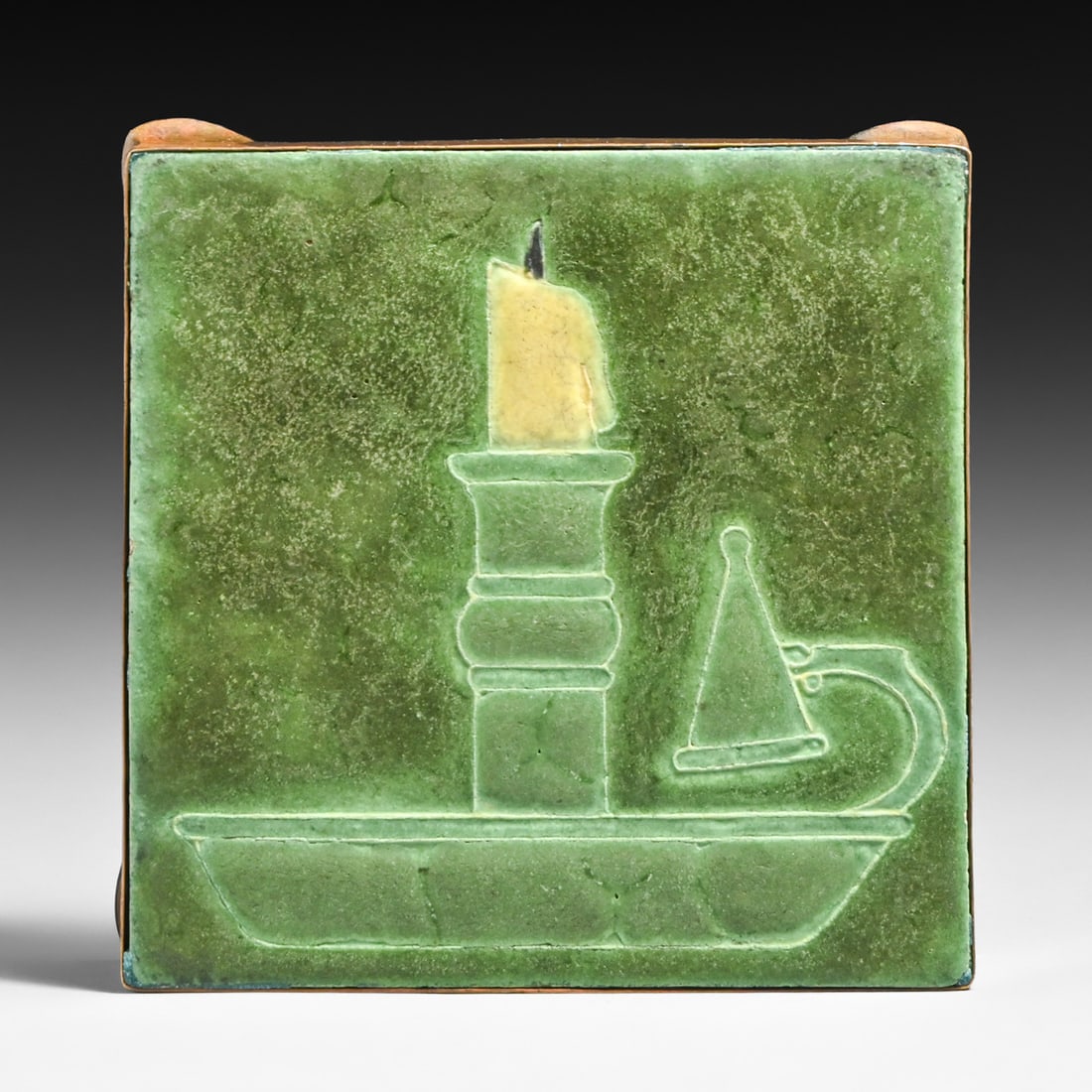 Grueby Faience Candlestick Tile Hammered Copper Trivet Frame c1905 (1 of 4)