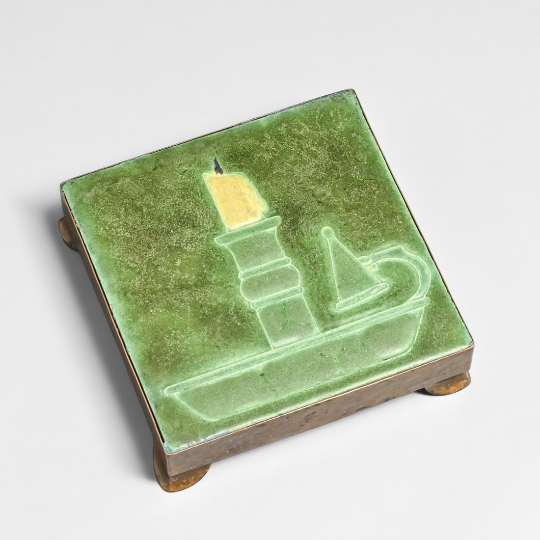 Grueby Faience Candlestick Tile Hammered Copper Trivet Frame c1905 - 2