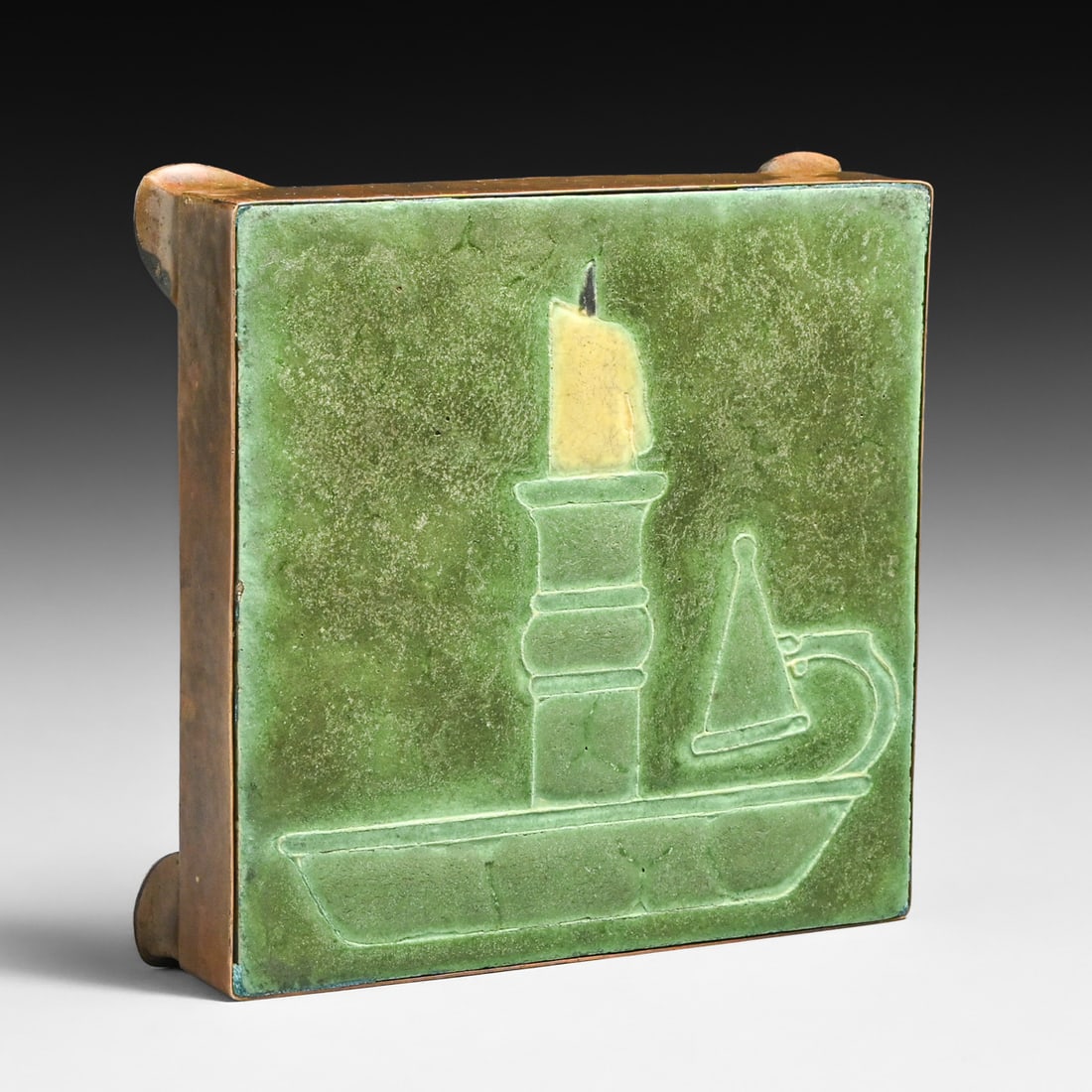 Grueby Faience Candlestick Tile Hammered Copper Trivet Frame c1905 - 3