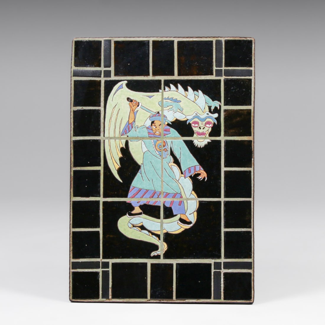 Rare Gladding McBean Samurai & Dragon Tile-Top & Iron Table c1920s: Rare Gladding McBean Samurai & Dragon Tile-Top & Iron Table c1920s. Unsigned. Tiles in near perfect condition. 27.25" x 18.75" x 17"h FREE NATIONWIDE SHIPPINGFree Nationwide Shipping within the