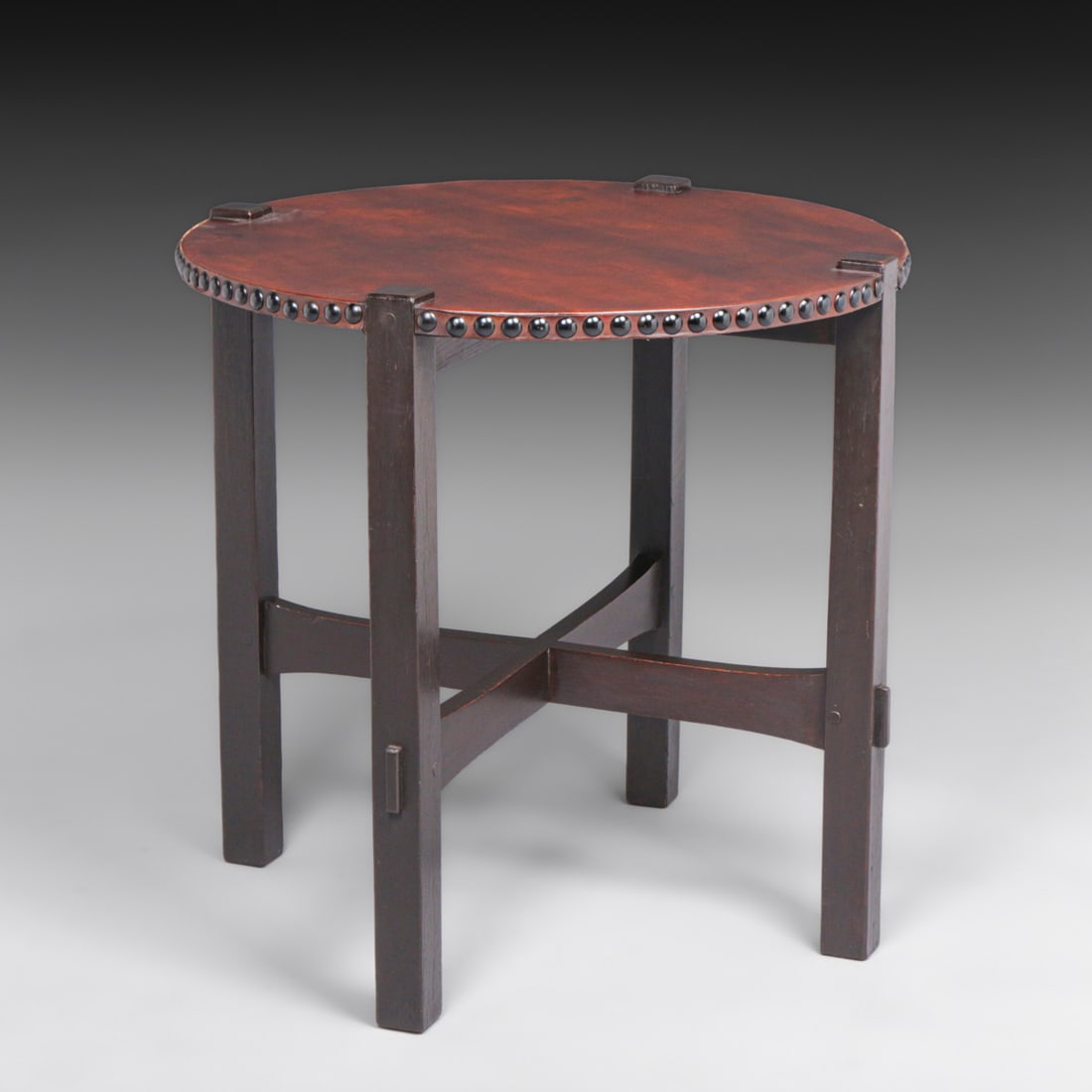 Early Gustav Stickley 30"d Leather-Top Lamp Table c1901: Early Gustav Stickley 30"d Leather-Top Lamp Table c1901. Unsigned. Excellent original finish. Very nicely replaced leather on top. 30"d x 29"h FREE NATIONWIDE SHIPPING Free Nationwide Shipping within