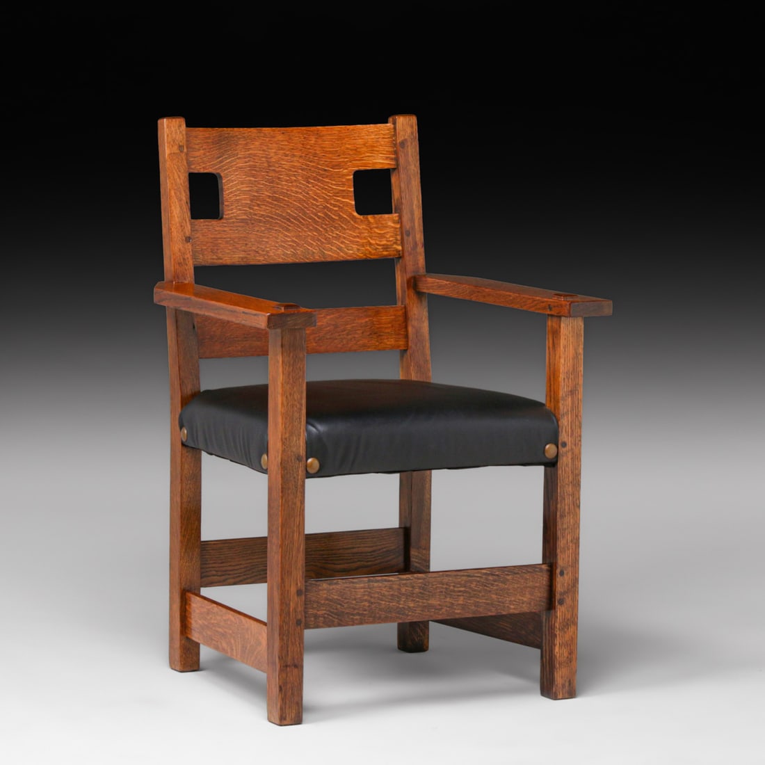 Limbert #593 Cutout Oak Armchair c1910: Limbert #593 Cutout Oak Armchair c1910. Signed with branded mark. Very nice old refinish. Rock solid sturdy. 35.5"h x 24.5"w x 20"d FREE NATIONWIDE SHIPPING Free Nationwide Shipping within the lower 4