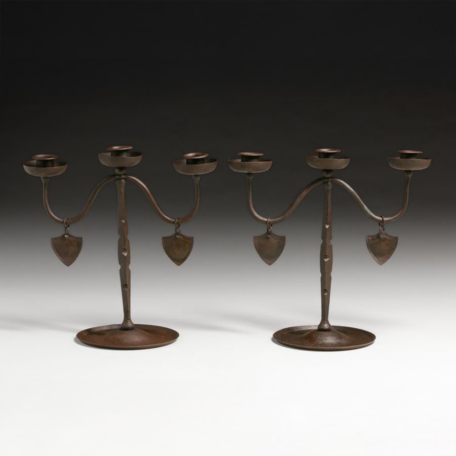 Hugo Berger - Goberg - German Pair Hand-Forged Iron Triple Candlesticks c1910: Hugo Berger - Goberg - German Pair Hand-Forged Iron Triple Candlesticks c1910. Signed. Excellent original patina. 11.5"h x 11.25"w FREE NATIONWIDE SHIPPINGFree Nationwide Shipping within the lower