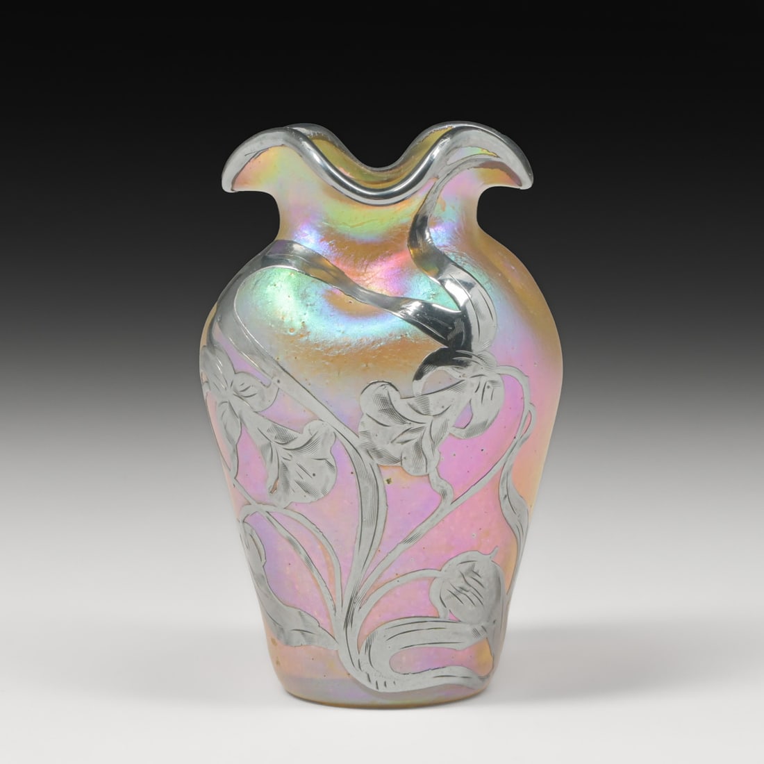 Loetz Bohemian Art Glass Sterling Silver Overlay Vase c1900s: Loetz Bohemian Art Glass Sterling Silver Overlay Vase c1900s. Unsigned. Perfect condition. 4.5"h x 3"d FREE NATIONWIDE SHIPPINGFree Nationwide Shipping within the lower 48 states for all purchases