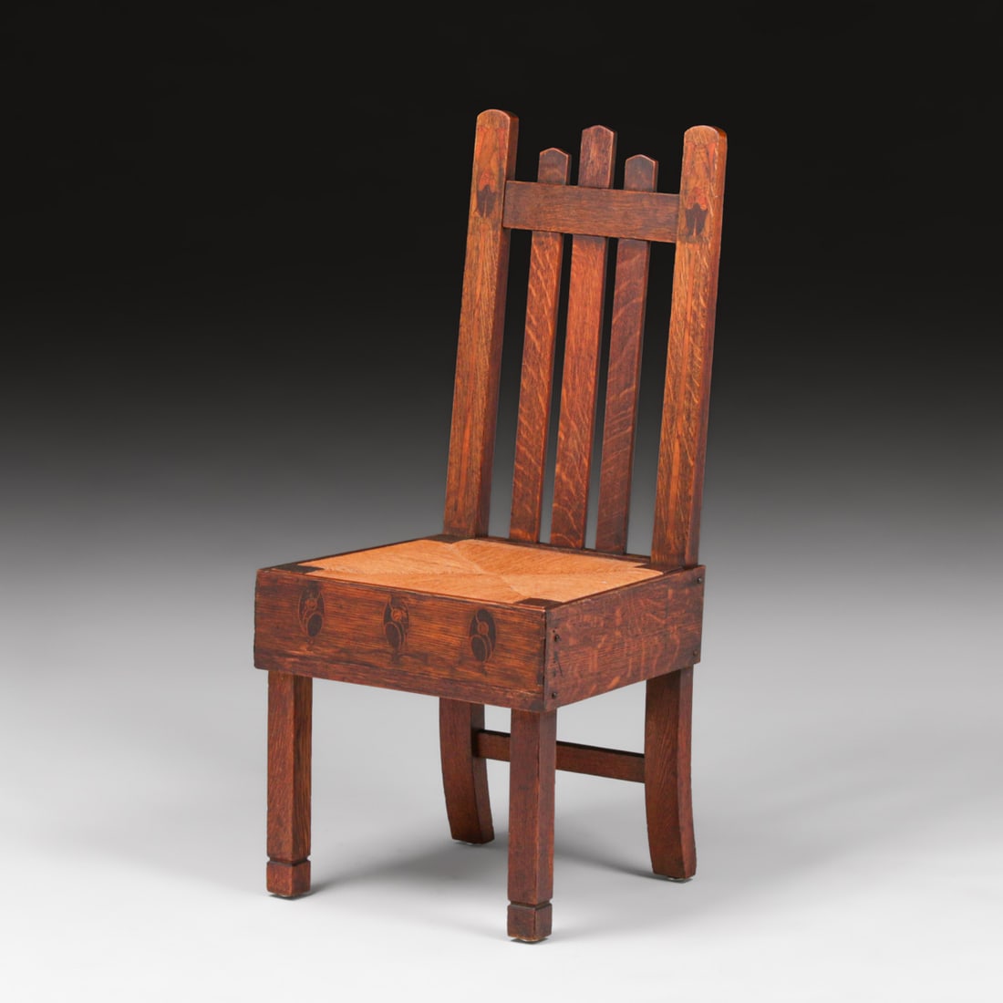 Early Stickley Brothers "The Bewdley" Inlaid Hall Chair c1901: Early Stickley Brothers "The Bewdley" Inlaid Hall Chair c1901. Remnant of two tacks that held original paper label. Nicely replaced hand woven rush seat. Excellent original finish. 42.5"h x 18.5"w x