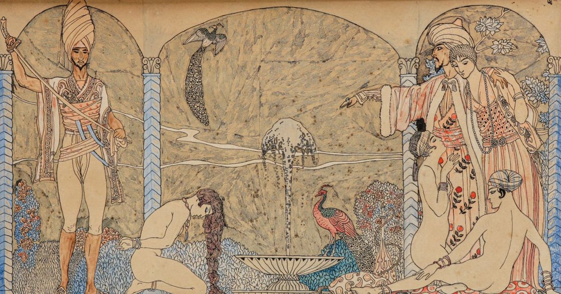 Stephen James Quinn (1889-1961) Watercolor Drawing "Yasmin from Hassan" 1919: Stephen James Quinn (1889-1961) Watercolor Drawing "Yasmin from Hassan" 1919. Signed. British artist Thomas Mackenzie (1887-1944). It depicts a scene from the play Hassan by James Elroy Flecker. The