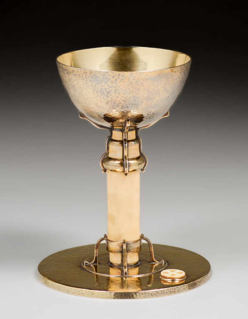 Dirk van Erp Sterling Silver Gilt Chalice & Paten 1946: Dirk van Erp Sterling Silver Gilt Chalice & Paten 1946. Designed by Rev John Meehan. Signed. Excellent condition. Exhibited Dirk van Erp Exhibition and Book page 117, figure 189. 7.75"h x 6.25"d 