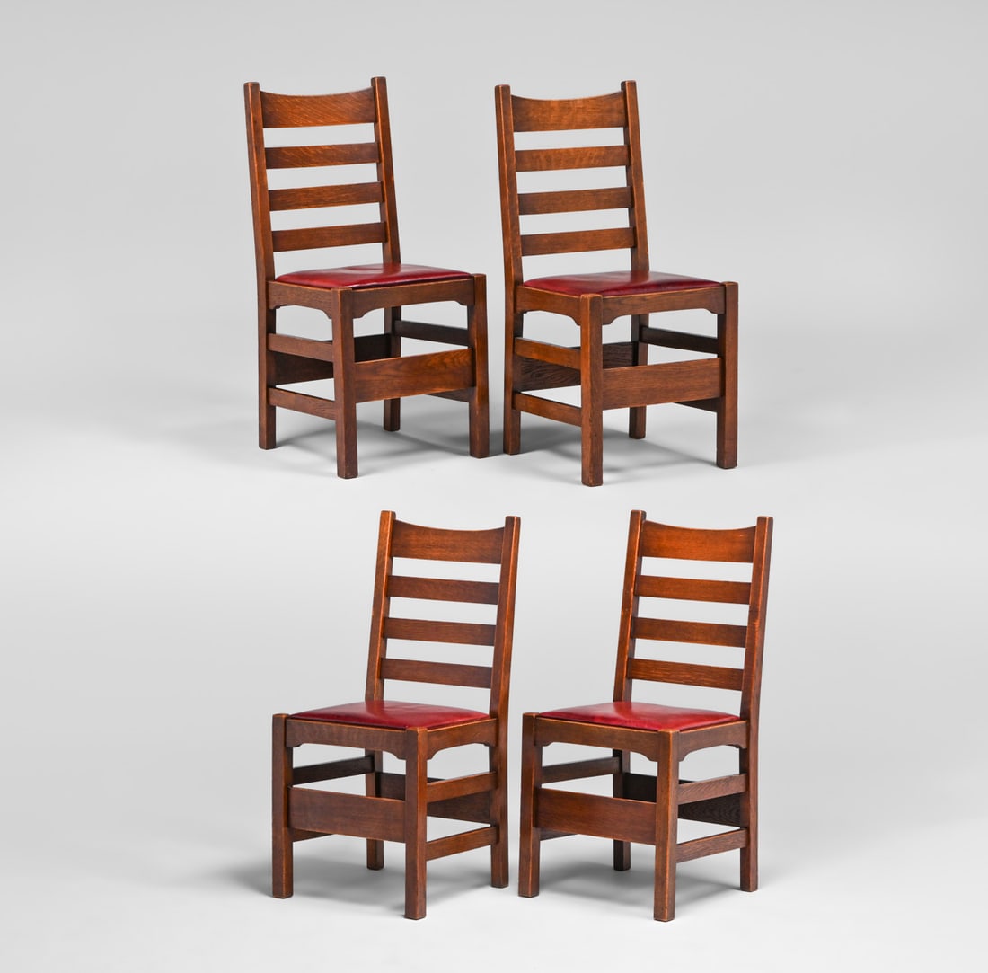 Early Gustav Stickley Tall Ladderback Dining Chairs c1902: Early Gustav Stickley Tall Ladderback Dining Chairs c1902. Signed. Slightly overcoated original finish. Rock solid sturdy. 37.5"h x 17.75"w x 16"d FREE NATIONWIDE SHIPPINGFree Nationwide Shipping
