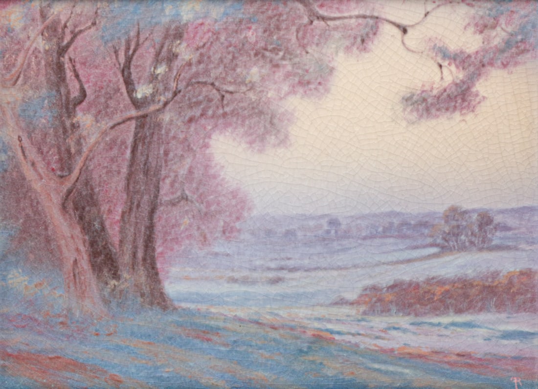 Rookwood Frederick Rothenbusch Scenic Vellum Plaque 1917: Rookwood Frederick Rothenbusch Scenic Vellum Plaque 1917. Signed. Perfect condition. 9.5"h x 12.5"w. Oak frame 16.75"h x 20"w FREE NATIONWIDE SHIPPINGFree Nationwide Shipping within the lower 48