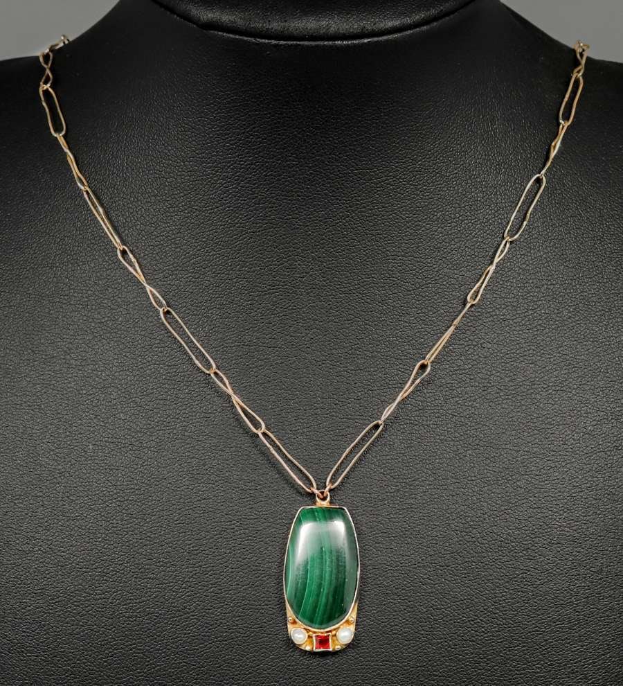Arts & Crafts Secessionist Malachite, Seed Pearl & Ruby Pendant Necklace c1905: Arts & Crafts Secessionist Malachite, Seed Pearl & Ruby Pendant Necklace c1905. Handmade gilt silver paperclip necklace. 23" length. Pendant 1"h x 0.5"w FREE NATIONWIDE SHIPPING Free Nationwide Shippi