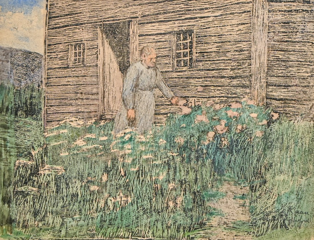 Annie Crawford (1856-1942) & Emma Kaan (1860-1949) Color Woodcut: Woman By Cabin c1900: Annie Crawford (1856-1942) & Emma Kaan (1860-1949) Color Woodcut: Woman By Cabin c1900. Signed. Excellent condition. 7"h x 9.25"w. Frame 15.5"h x 18.5"w FREE NATIONWIDE SHIPPINGFree Nationwide