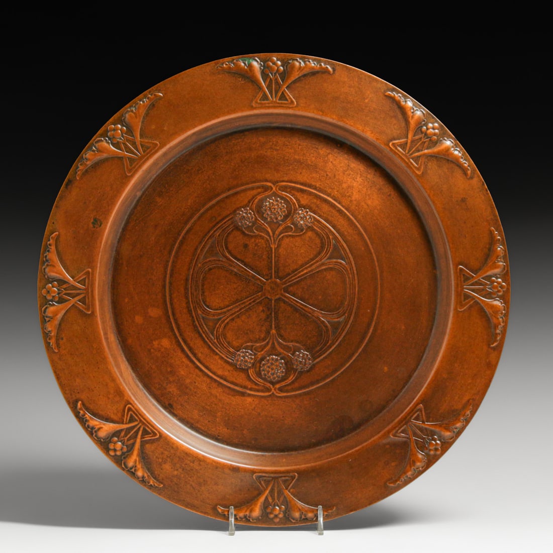 WMF - German Repousse Copper Tray c1905: WMF - German Repousse Copper Tray c1905. Signed. Excellent new patina. 14"d FREE NATIONWIDE SHIPPING Free Nationwide Shipping within the lower 48 states for all purchases at our Two-Day Auction. Small