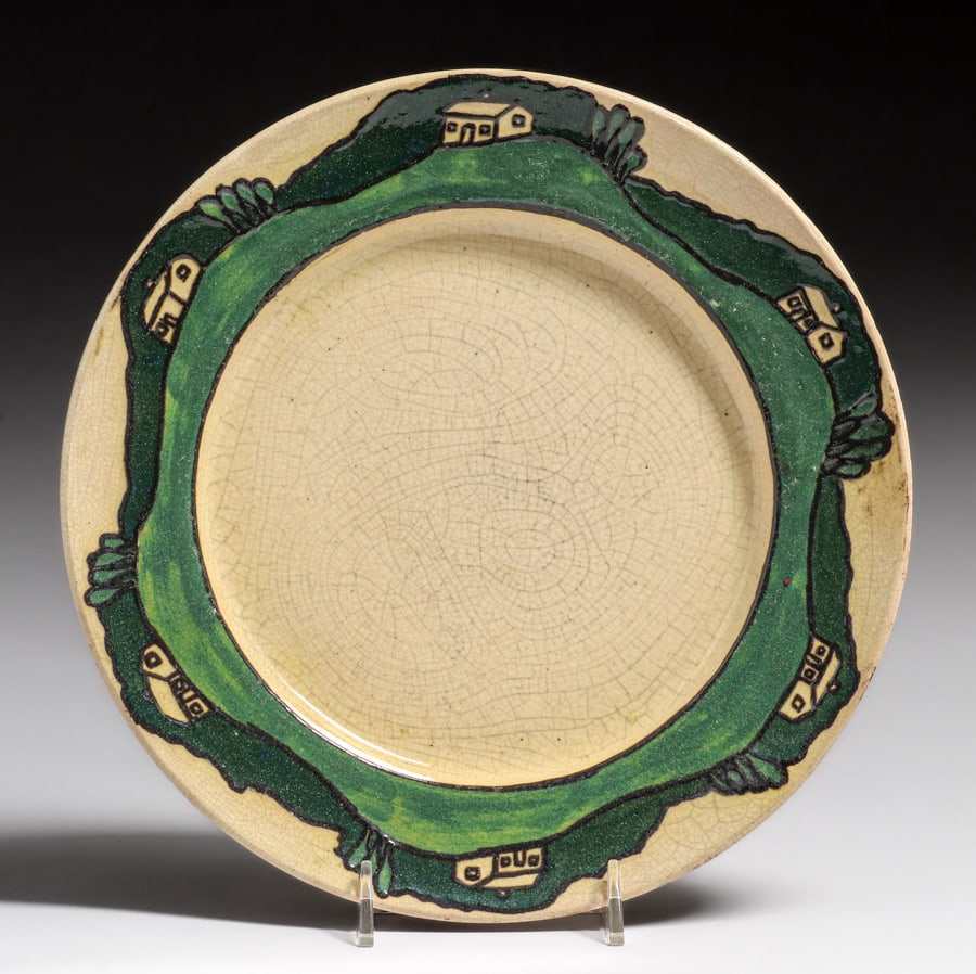 Early Pewabic Pottery Iridescent Crackleware Cottage Landscape Plate c1910: Early Pewabic Pottery Iridescent Crackleware Cottage Landscape Plate c1910. Signed. Perfect condition. 9"d FREE NATIONWIDE SHIPPINGFree Nationwide Shipping within the lower 48 states for all