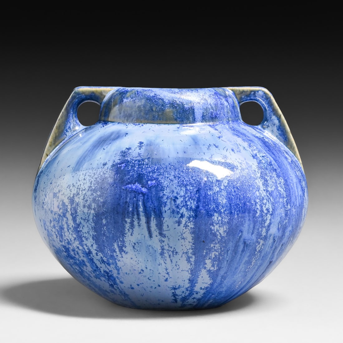 Fulper Pottery Bulbous Blue Crystalline Two-Handled Vase c1917-1920: Fulper Pottery Bulbous Blue Crystalline Two-Handled Vase c1917-1920. Signed. Perfect condition. 6"h x 8.5"d FREE NATIONWIDE SHIPPING Free Nationwide Shipping within the lower 48 states for all purchas