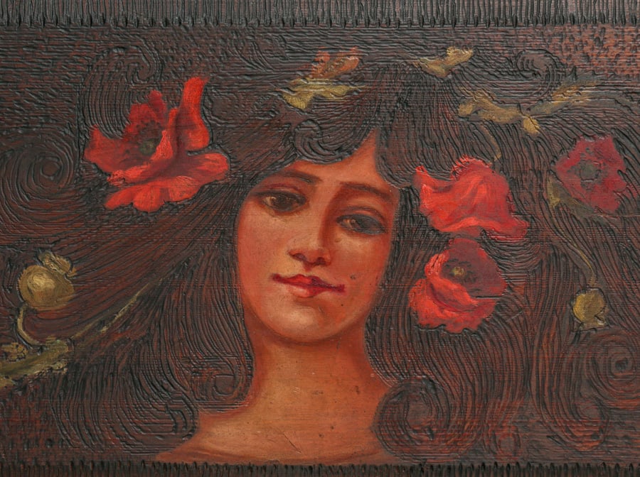 Arts & Crafts Period Hand-Carved & Painted Art Nouveau Maiden & Poppies c1910: Arts & Crafts Period Hand-Carved & Painted Art Nouveau Maiden & Poppies c1910. Unsigned. Excellent original condition. 24"w x 13.75"h FREE NATIONWIDE SHIPPINGFree Nationwide Shipping within the