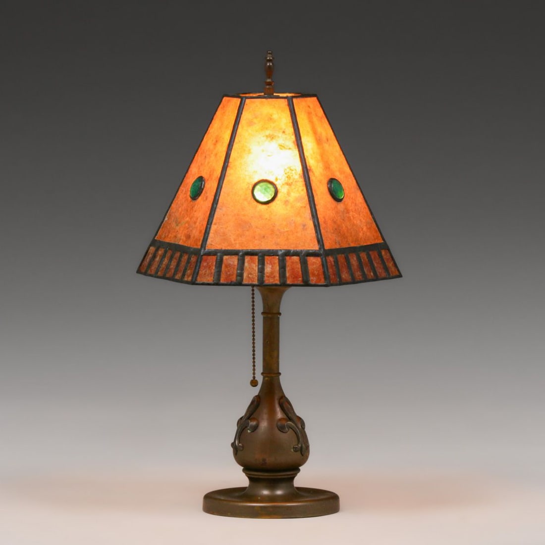 Arts & Crafts Period Brass Lamp Base c1920 & Jeweled Mica Shade c1980s: Arts & Crafts Period Brass Lamp Base c1920 & Jeweled Mica Shade c1980s. Unsigned. Spotted original patina to base. Overall excellent condition. 12.25"d x 21"h FREE NATIONWIDE SHIPPINGFree Nationwide