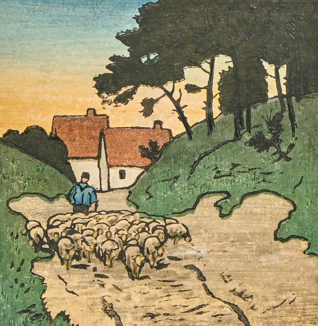 Elizabeth Christie Austen-Brown (British 1869-1942) Color Woodcut "Shepherd and Sheep" c1920: Elizabeth Christie Austen-Brown (British 1869-1942) Color Woodcut "Shepherd and Sheep" c1920. Signed. Excellent condition. 5.25"h x 4.75"w. Frame 12"h x 10"w FREE NATIONWIDE SHIPPINGFree Nationwide
