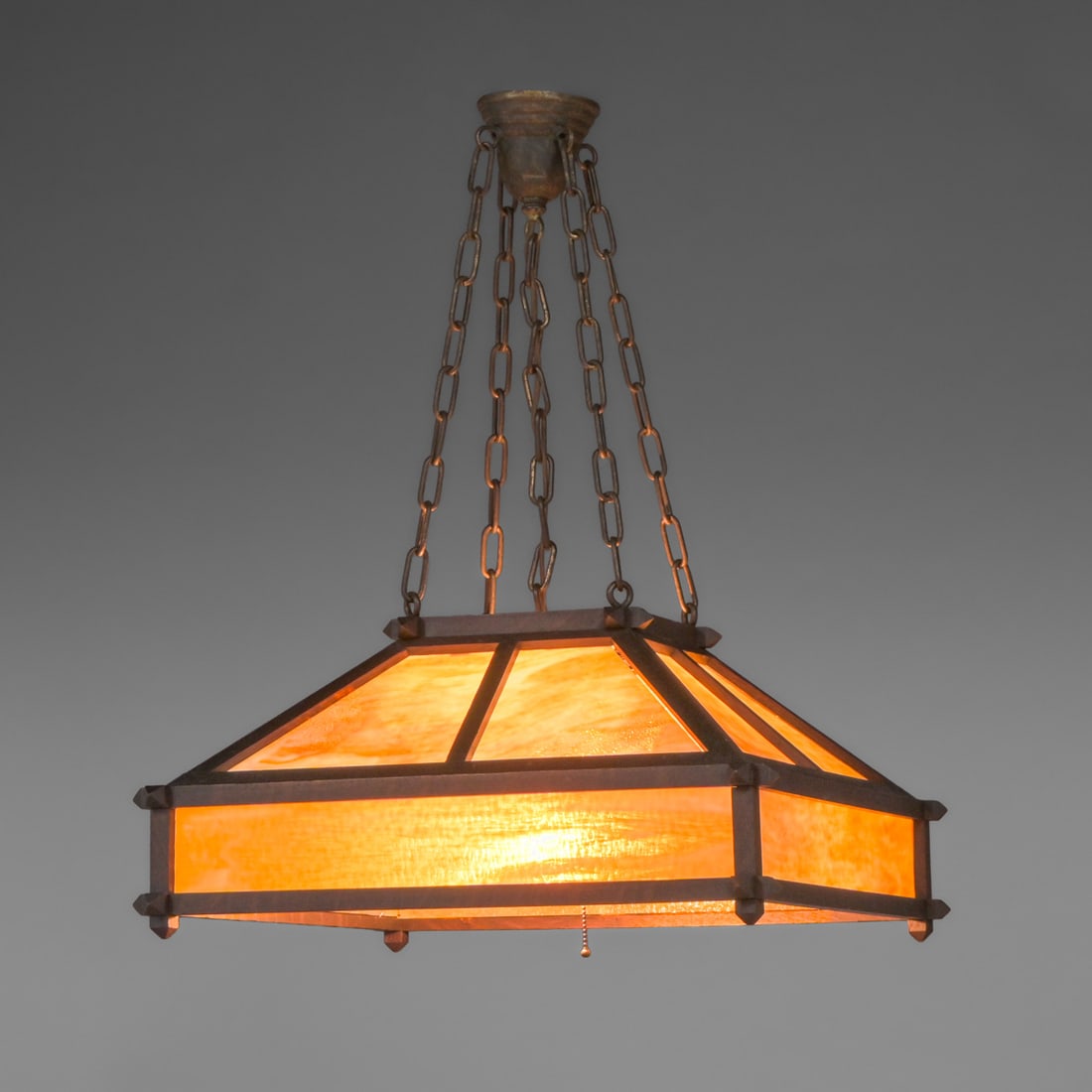 Arts & Crafts Period Oak & Amber Slag Glass Chandelier c1910: Arts & Crafts Period Oak & Amber Slag Glass Chandelier c1910. Unsigned. Excellent original finish. Original amber slag glass in perfect condition. 12.5"h x 24"w x 25"d (with chains 30"h) FREE