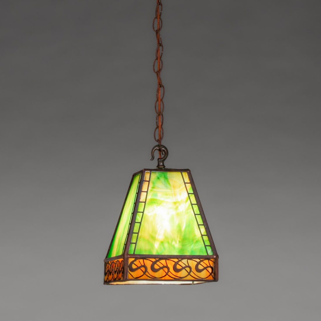 Handel Square Overlay Hanging Fixture c1910: Handel Square Overlay Hanging Fixture c1910. Signed. Two panel with tight lines. Excellent original patina. Chain not original. Lantern 11"h x 8.5" x 8.5" FREE NATIONWIDE SHIPPINGFree Nationwide