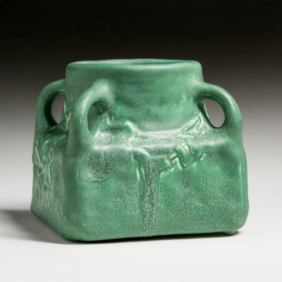 Cambridge Art Pottery Matte Green Four-Handled Vase c1910: Cambridge Art Pottery Matte Green Four-Handled Vase c1910. Unsigned. Perfect condition. 5.75"h x 6" x 6" FREE NATIONWIDE SHIPPING Free Nationwide Shipping within the lower 48 states for all purchases