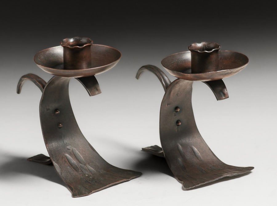 Erhard Glander Hammered Copper Pair Candlesticks c1930s: Erhard Glander Hammered Copper Pair Candlesticks c1930s. Marked "Hand Wrought". Excellent new patina. 5.25"h x 3.5"w x 5.5" FREE NATIONWIDE SHIPPINGFree Nationwide Shipping within the lower 48