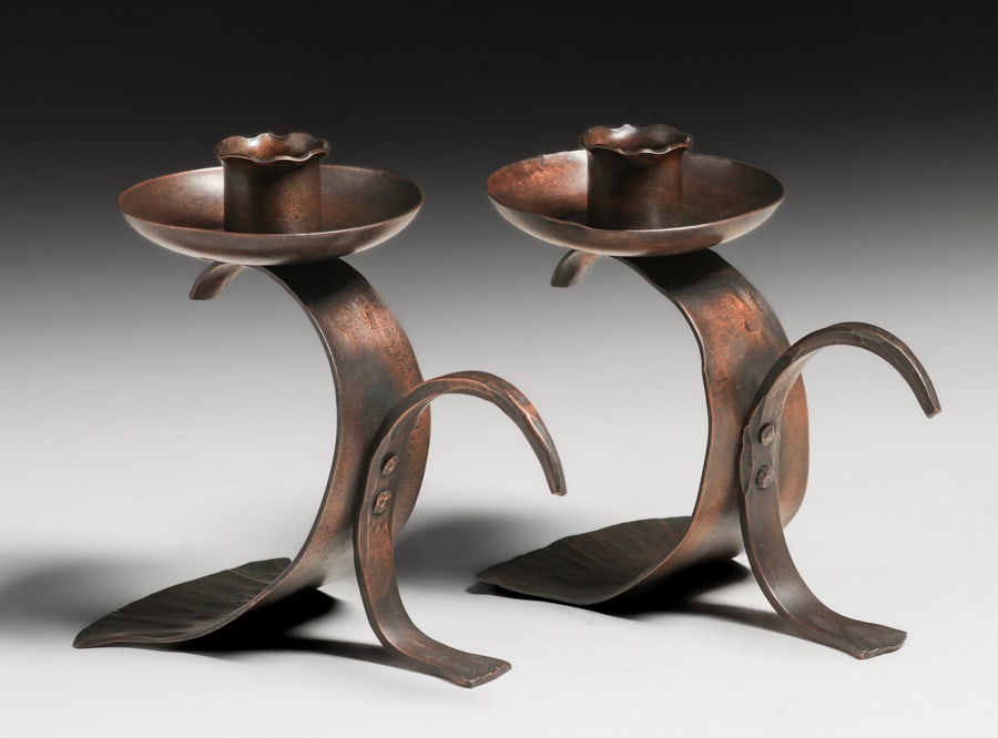 Erhard Glander Hammered Copper Pair Candlesticks c1930s - 3