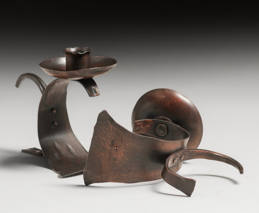 Erhard Glander Hammered Copper Pair Candlesticks c1930s - 4